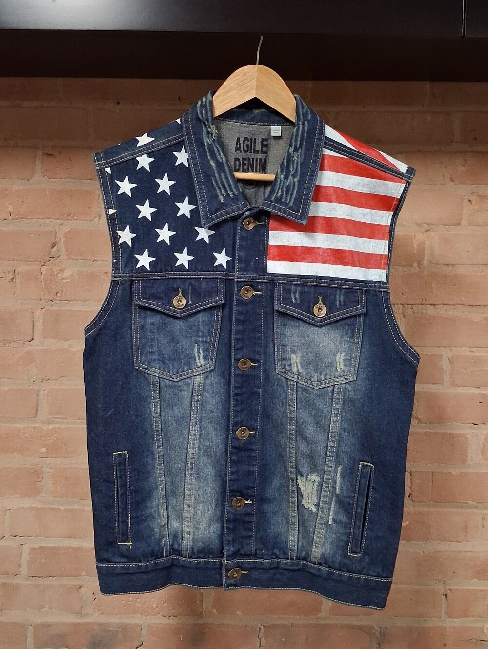 Men’s American Flag Sleeveless Denim Vest - Blue